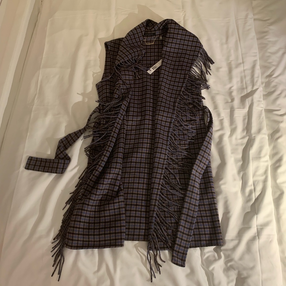 Elie Tahari Oxford Belted Fringed Plaid Vest